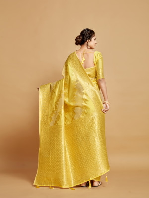 Light yellow color soft linen silk saree with zari weaving work
