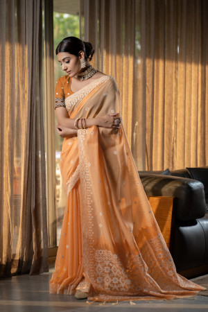 Orange color mulmul cotton saree with weaving work