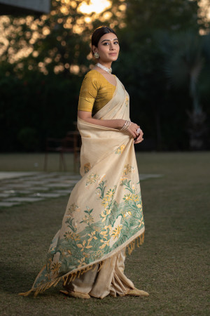 Yellow color soft modal silk saree with woven design