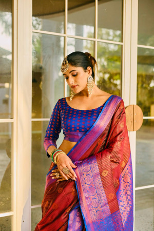 Brown color kanjivaram silk saree with woven design