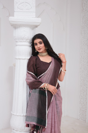 Light purple color linen cotton saree with woven design