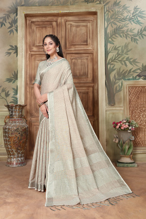 Gray color linen cotton saree with zari weaving worK
