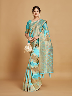 Sky blue color soft linen silk saree with zari weaving work