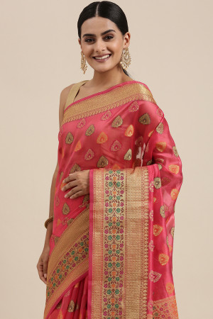 Pink color soft organza silk saree with woven design