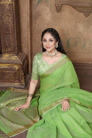 Parrot green color linen cotton saree with zari weaving work