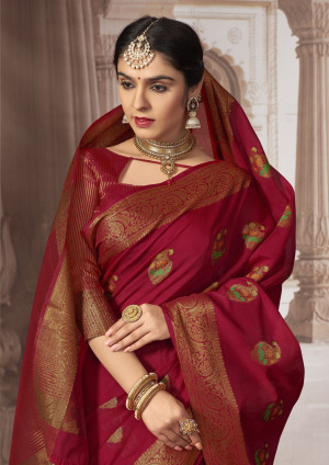 Red color chanderi cotton saree with zari weaving work