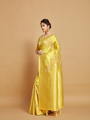 Light yellow color soft linen silk saree with zari weaving work