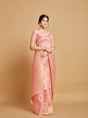 Light baby pink color soft linen silk saree with zari weaving work