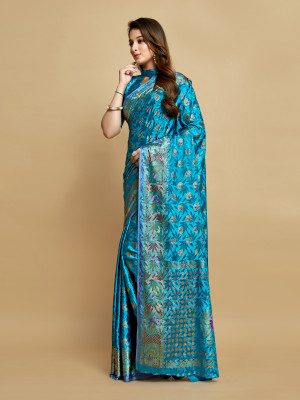 Firoji color soft jacquard silk saree with foil printed work