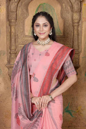 Pink color linen cotton saree with woven design