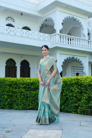 Firoji color soft organza silk saree with zari weaving work