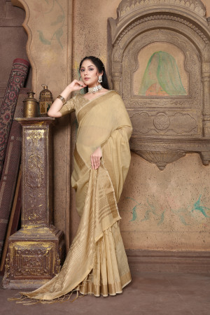 Beige color linen cotton saree with zari weaving work