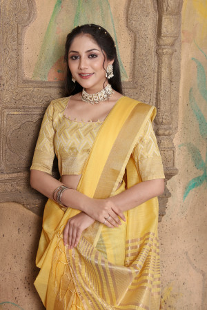 Yellow color linen cotton saree with zari weaving work