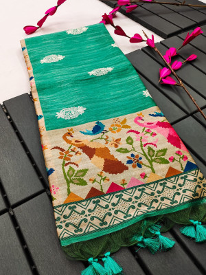 Rama green color soft tussar silk saree with printed work