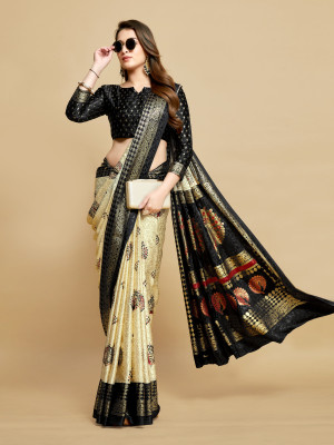 Cream and navy blue color soft jacquard silk saree with foil printed work