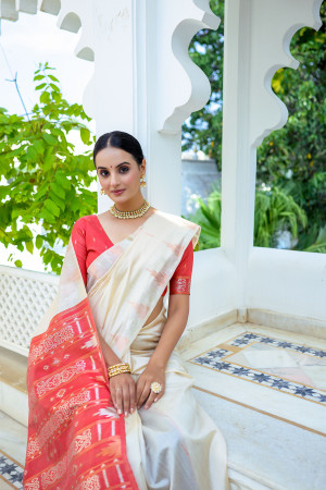 Off white color soft tussar silk saree with zari weaving border