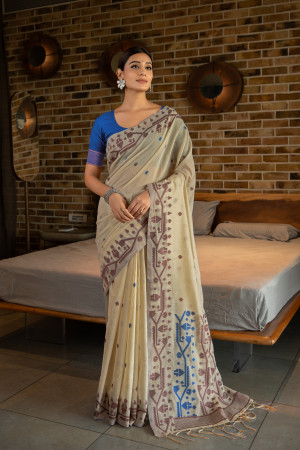 Blue color soft modal silk saree with woven design