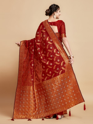 Red color soft linen silk saree with zari weaving work