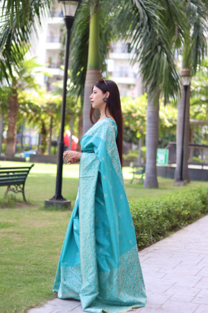 Sky blue color soft handloom raw silk saree with weaving work