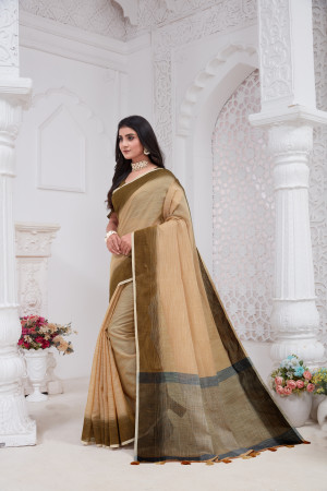 Light yellow color linen cotton saree with woven design