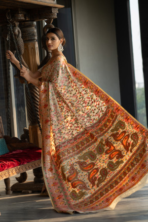 Cream color soft cotton saree with woven design & pashmina work