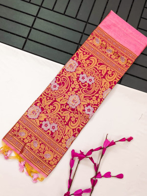 Pink color soft tussar silk saree with zari weaving work