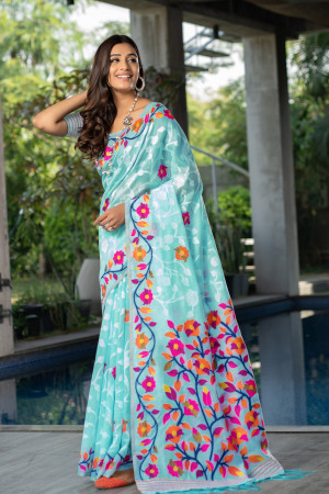 Sky blue color soft jamdani cotton saree with woven design