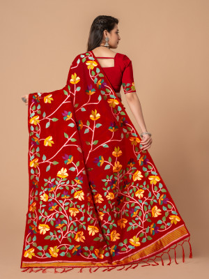 Red color soft jamdani cotton saree with woven design