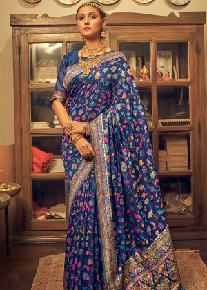 Navy blue color soft cotton saree with woven design