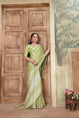 Pista green color linen cotton saree with zari weaving work