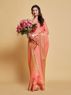 Pink color organza silk saree with zari weaving work