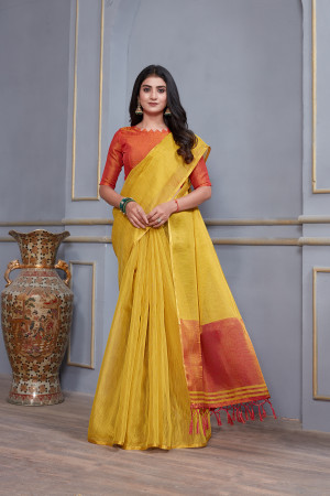 Mustard yellow color soft linen silk saree with zari weaving work