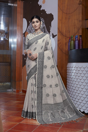 Light off white color linen cotton saree with woven design