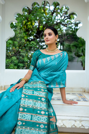 Firoji color soft tussar silk saree with zari weaving border