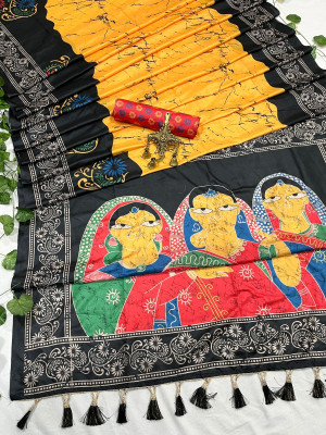 Yellow color soft tussar silk saree with digital printed work