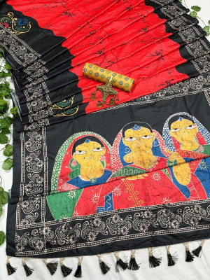 Red color soft tussar silk saree with digital printed work