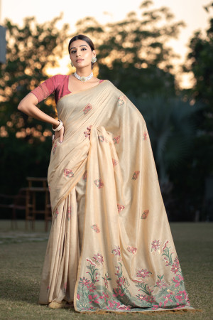 Pink color soft modal silk saree with woven design