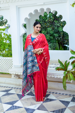 Red color soft tussar silk saree with zari weaving border