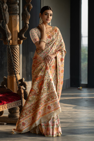 Cream color soft cotton saree with woven design & pashmina work