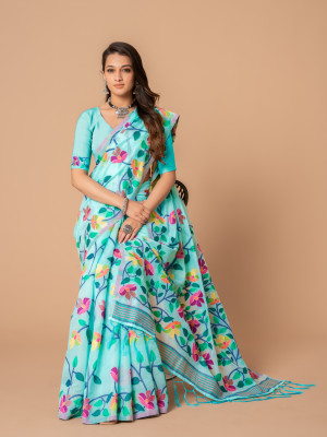 Sea green color soft jamdani cotton saree with woven design