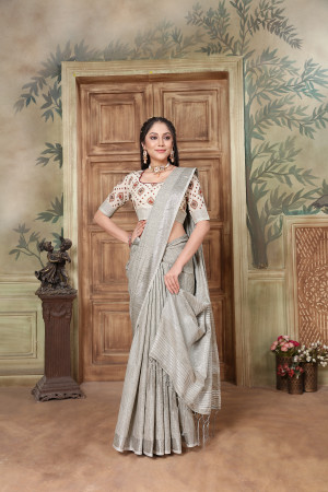 Gray color linen cotton saree with zari weaving work