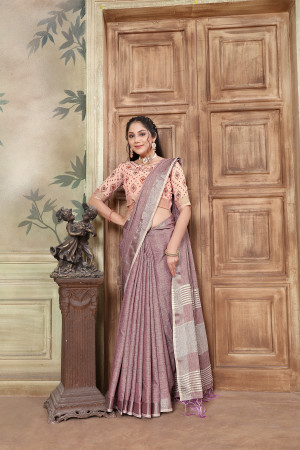 Dusty pink color linen cotton saree with zari weaving work
