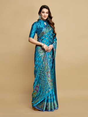Firoji color soft jacquard silk saree with foil printed work