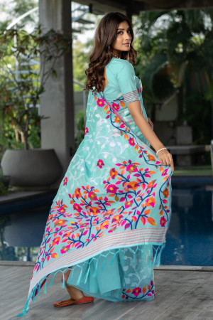 Sky blue color soft jamdani cotton saree with woven design