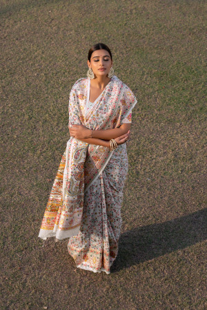White color soft cotton saree with woven design & pashmina work