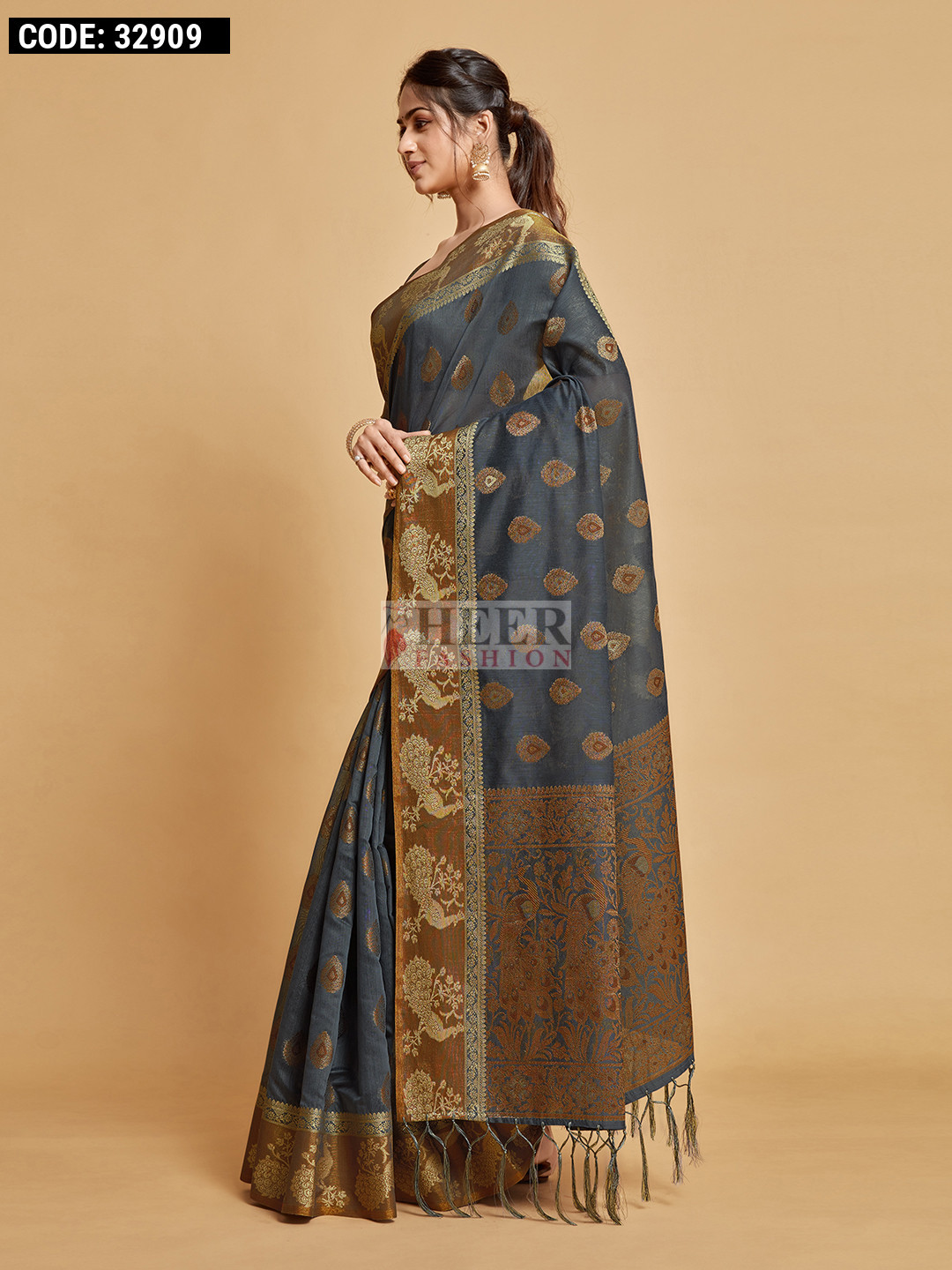 Grey Chanderi Semi Silk Saree main image 0