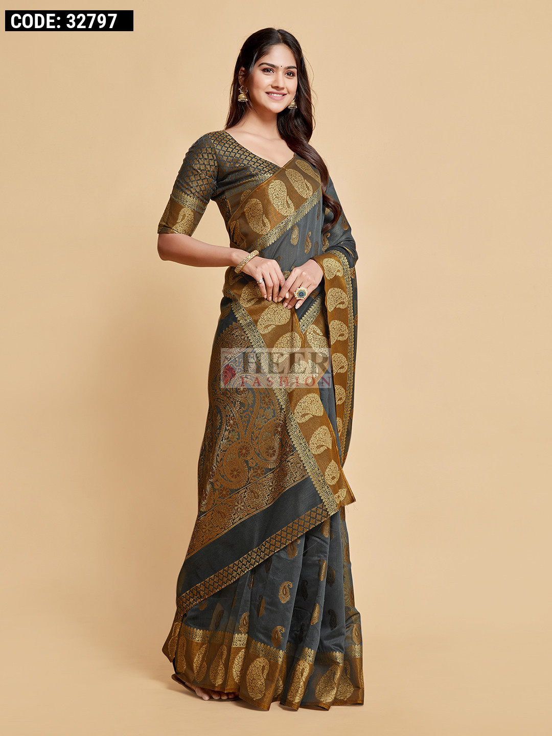 Grey Chanderi Semi Silk Saree main image 0
