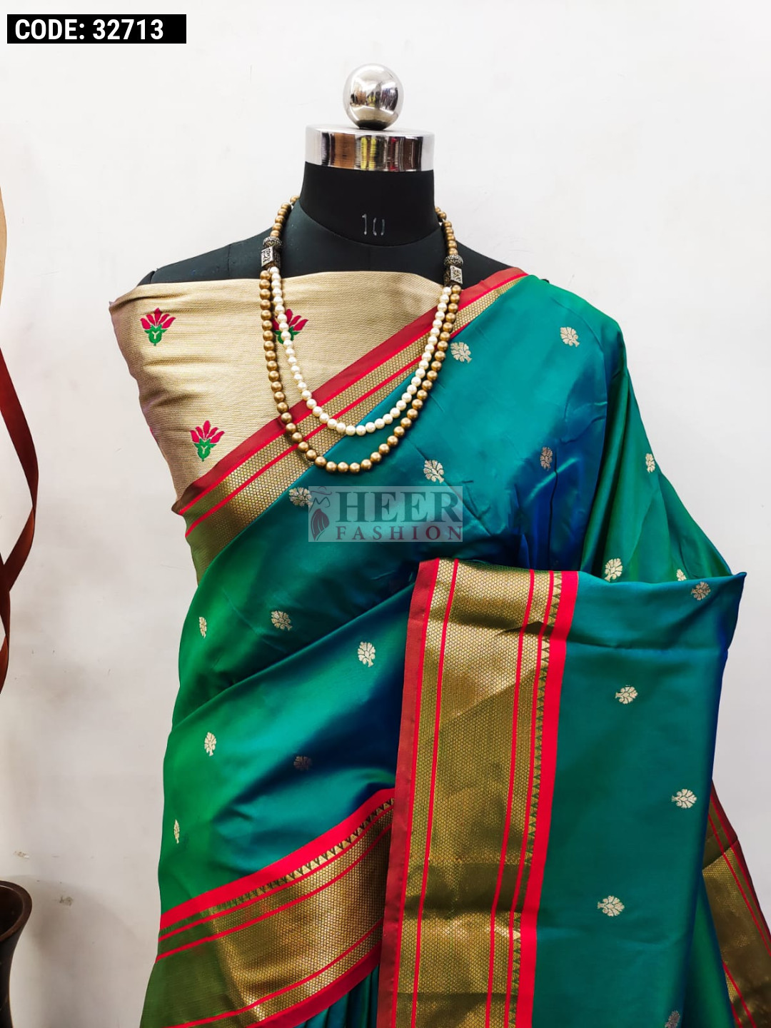 Kalyani Cream Color Shimmer Paithani Zari Weaving Green Border Lehenga Choli with Dupatta