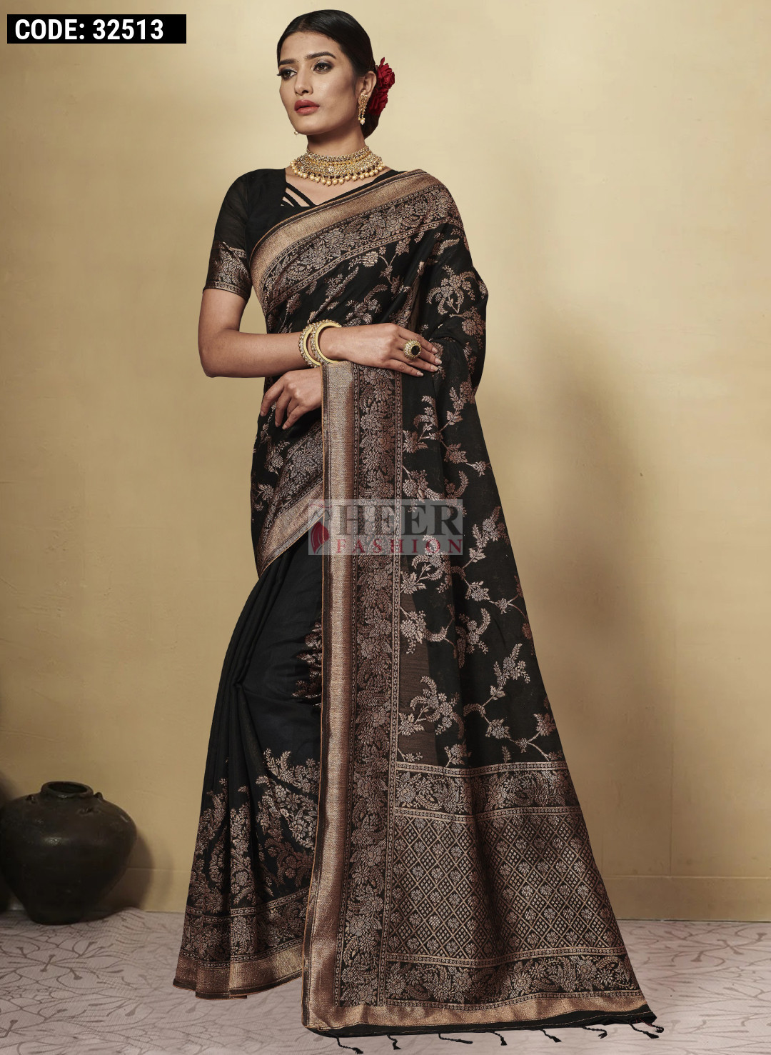 Black - Handloom Thread Buti Chanderi Cotton Saree 04