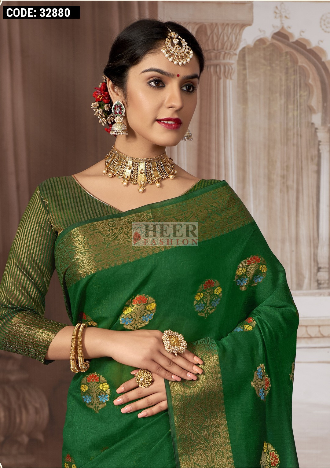 green-color-chanderi-cotton-saree-with-zari-weaving-work